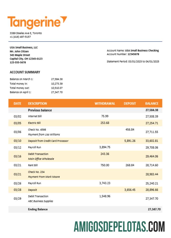 Modelo de extrato bancário comercial Tangerine em formato Word e PDF